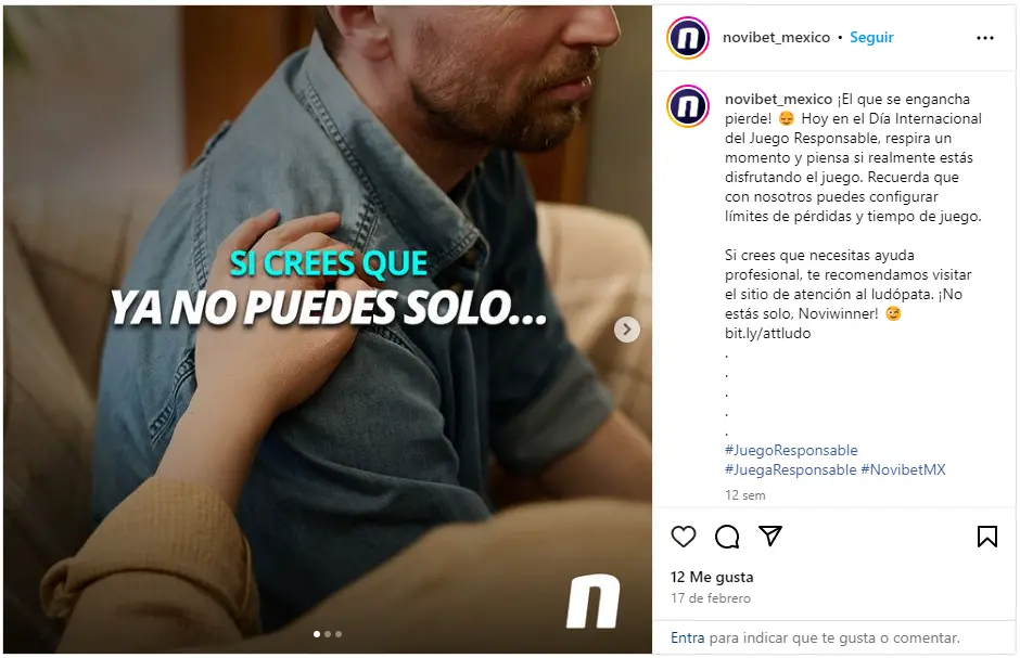 Ejemplo de un casino online que promueve el juego responsable en su cuenta de Instagram Ejemplo de un casino online que promueve el juego responsable en su cuenta de Instagram