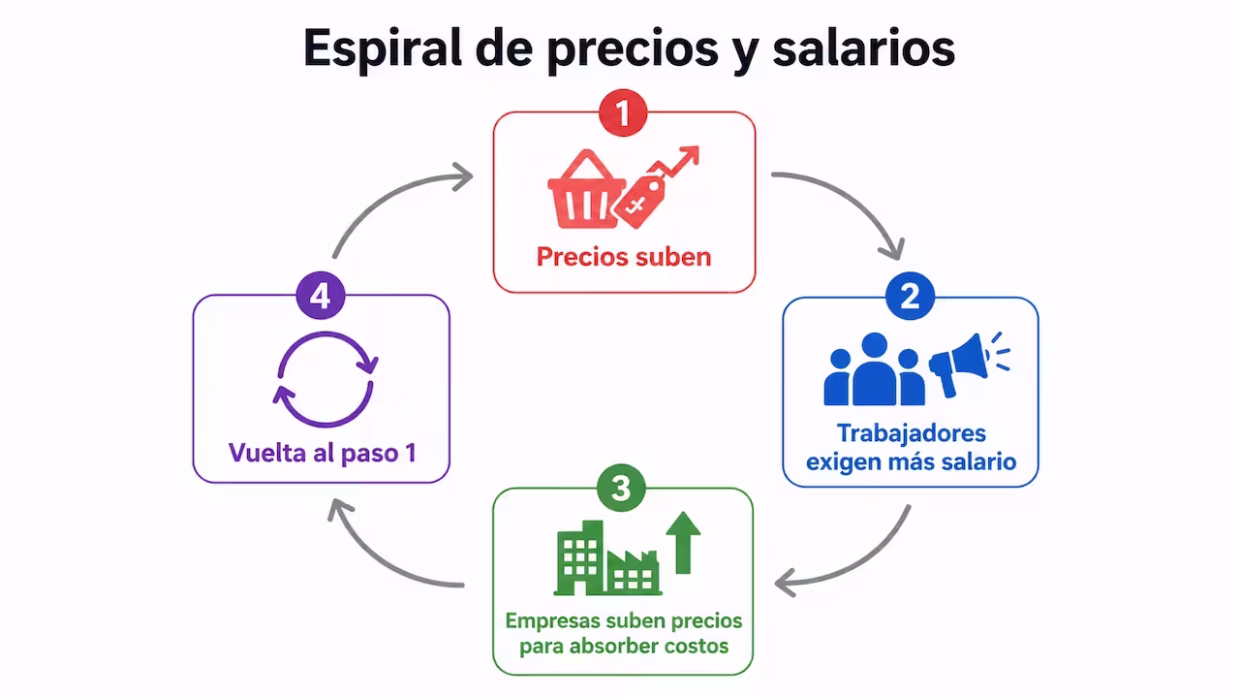 Diagrama de la espiral de precios y salarios — ciclo inflacionario de expectativas