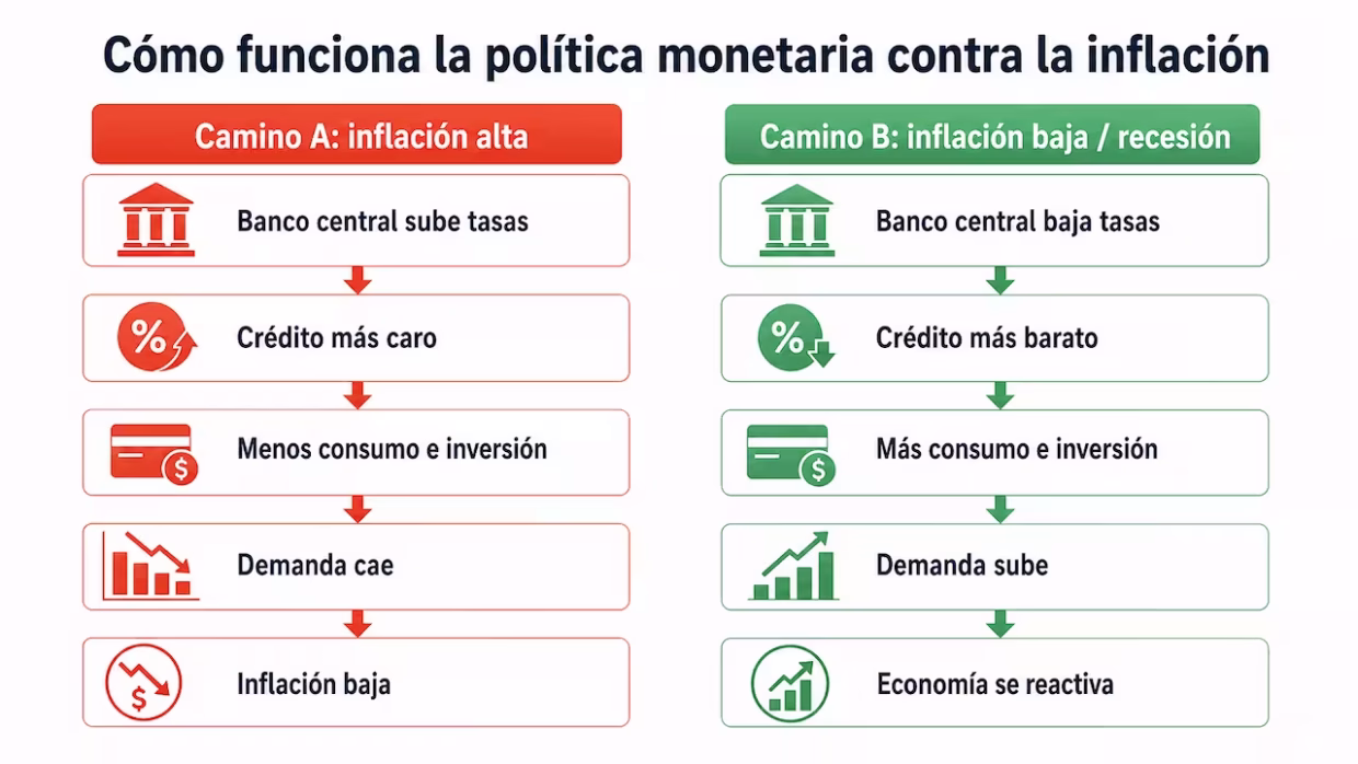 Cómo funciona la política monetaria para controlar la inflación — diagrama banco central tasas de interés