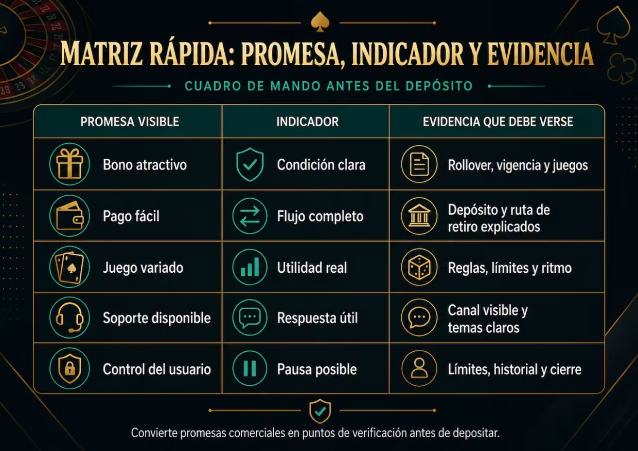 Matriz rápida: promesa, indicador y evidencia