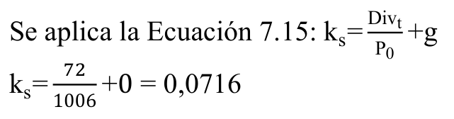 Fórmula: Divt Se aplica la Ecuación 7.15: ks= P0 +g 72 ks= 1006 +0 = 0,0716