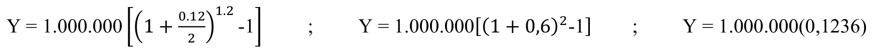 Fórmula: 1.2 0.12 -1] ; Y = 1.000.000[(1 + 0,6)2-1] ; Y = 1.000.000(0,1236) Y = 1.000.000 [(1 + 2 )
