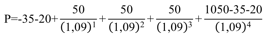Fórmula: 50 50 (1,09)3 + 1050-35-20 50 P=-35-20+ (1,09)1 + (1,09)2 + (1,09)4