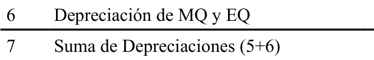Fórmula: 6 Depreciación de MQ y EQ 7 Suma de Depreciaciones (5+6)