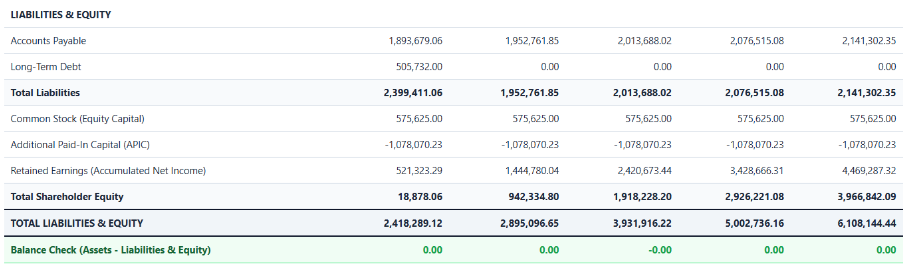 Captura 6. Balance general: pasivos y capital contable (Años 1 a 5).
