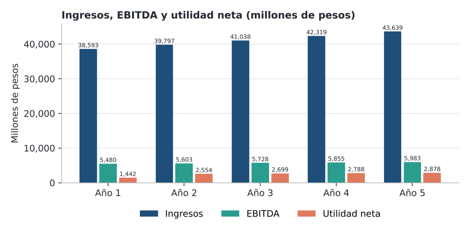 Gráfica 1. Ingresos, EBITDA y utilidad neta, Años 1 a 5.